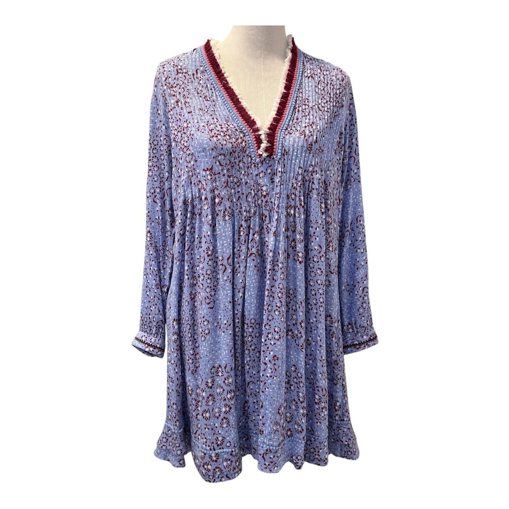 Poupette St. Barth Size-M Ola Mini‎ Dress Long Sleeve Blue Boho $318